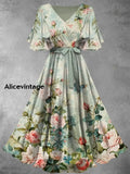 Retro Floral Art Print V-Neck Vintage Chic Short Sleeve Midi Dress A / S