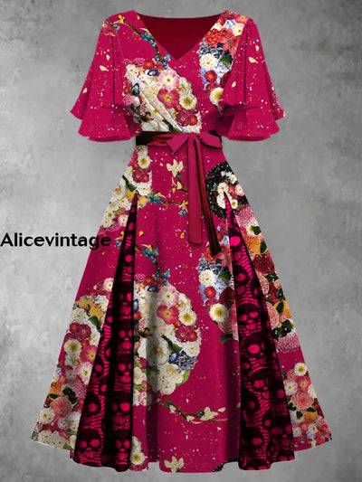 Retro Floral Art Print V-Neck Vintage Chic Short Sleeve Midi Dress A / S