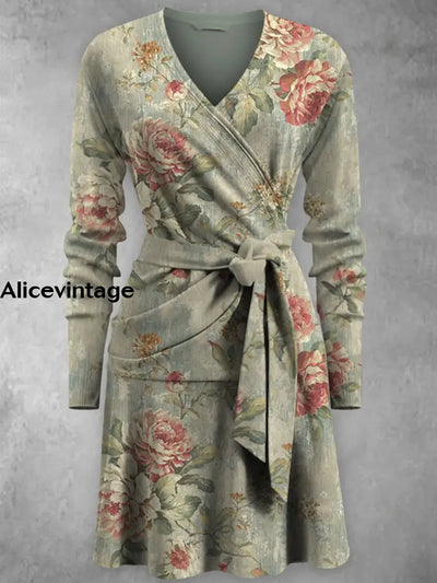 Retro Floral Art Print V-Neck Vintage Fashion Long Sleeve Midi Dress A / S