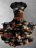 Retro Floral Art Print Vintage Chic V-Neck Button Up Long Sleeve Midi Dress A / S