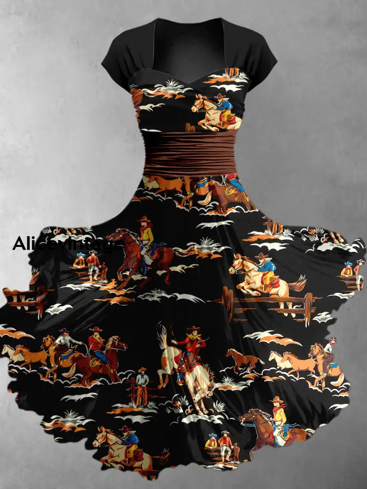 Retro Floral Art Print Vintage Chic V-Neck Button Up Long Sleeve Midi Dress A / S