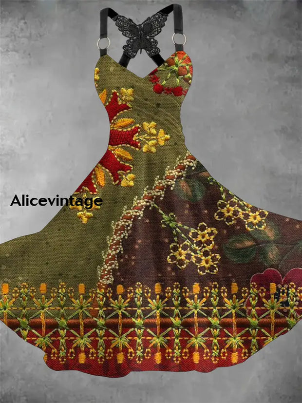 View of Retro Floral Art Print Vintage Suspender Dress – alicevintage