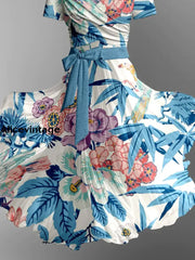 Retro Floral Art Print Vintage V-Neck Short Sleeve Two-Piece Midi Dress