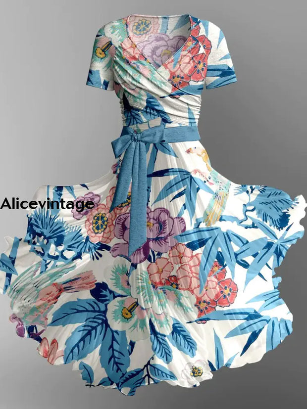 Retro Floral Art Print Vintage V-Neck Short Sleeve Two-Piece Midi Dress A / S