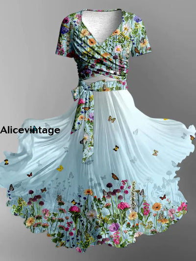 Retro Floral Art Print Vintage V-Neck Short Sleeve Two-Piece Midi Dress A / S