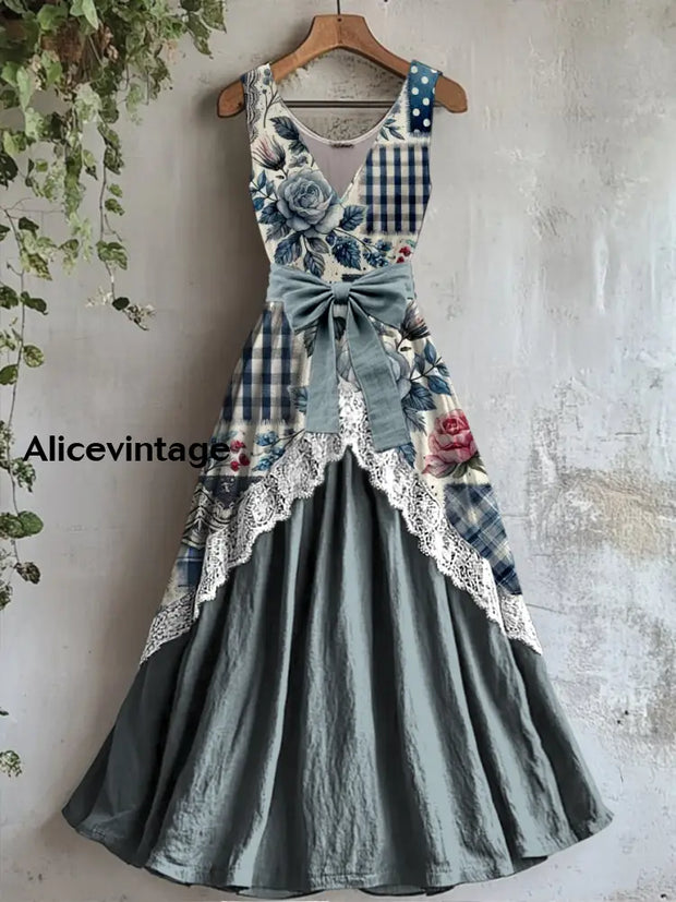 Retro Floral Art Print Vintage V-Neck Sleeveless Lace Patch Dress A / S