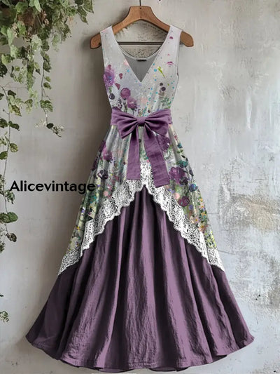 Retro Floral Art Print Vintage V-Neck Sleeveless Lace Patch Dress A / S