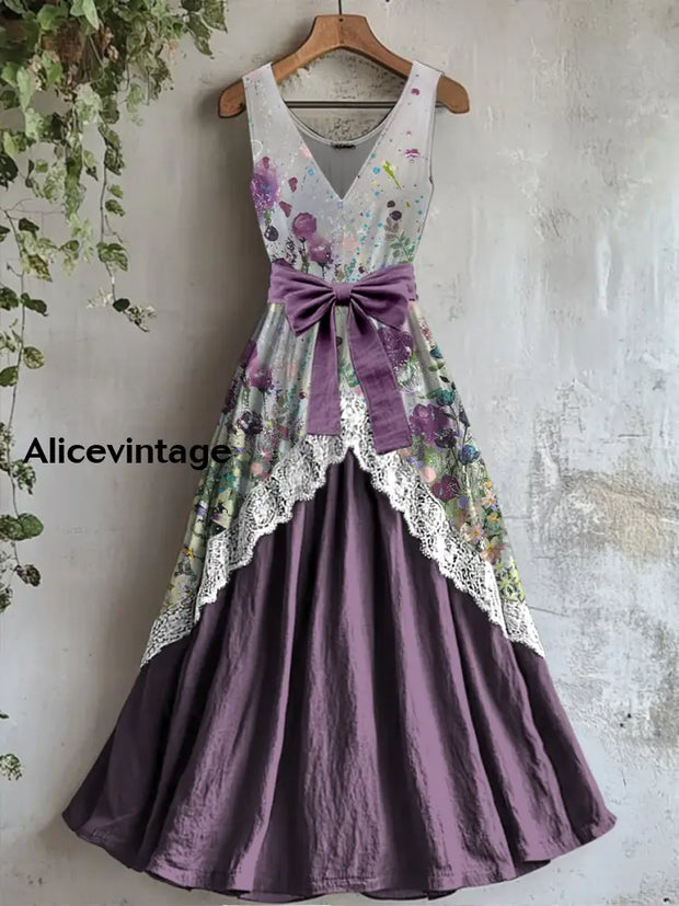 Retro Floral Art Print Vintage V-Neck Sleeveless Lace Patch Dress A / S