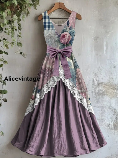 Retro Boho Floral Art Print Vintage V-Neck Lace Patch Sleeveless Maxi Dress A / S