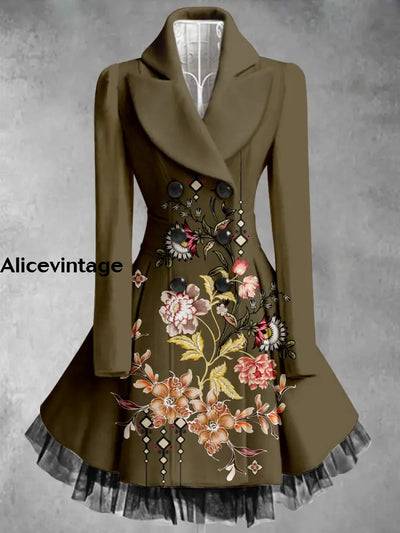 Retro Floral Art Printed Elegant Lapel V-Neck Button Up Thick Long-Sleeved Mesh Gauze Midi Dress