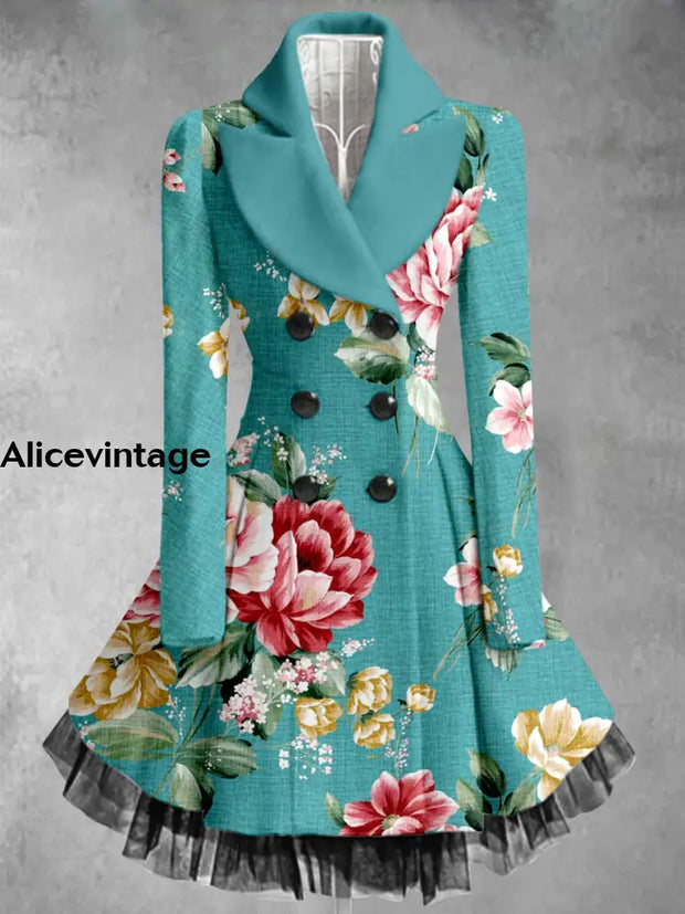 Retro Floral Art Printed Elegant Lapel V-Neck Button Up Thick Long-Sleeved Mesh Gauze Midi Dress