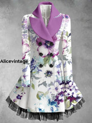 Retro Floral Art Printed Elegant Lapel V-Neck Button Up Thick Long-Sleeved Mesh Gauze Midi Dress