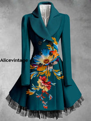 Retro Floral Art Printed Elegant Lapel V-Neck Button Up Thick Long-Sleeved Mesh Gauze Midi Dress