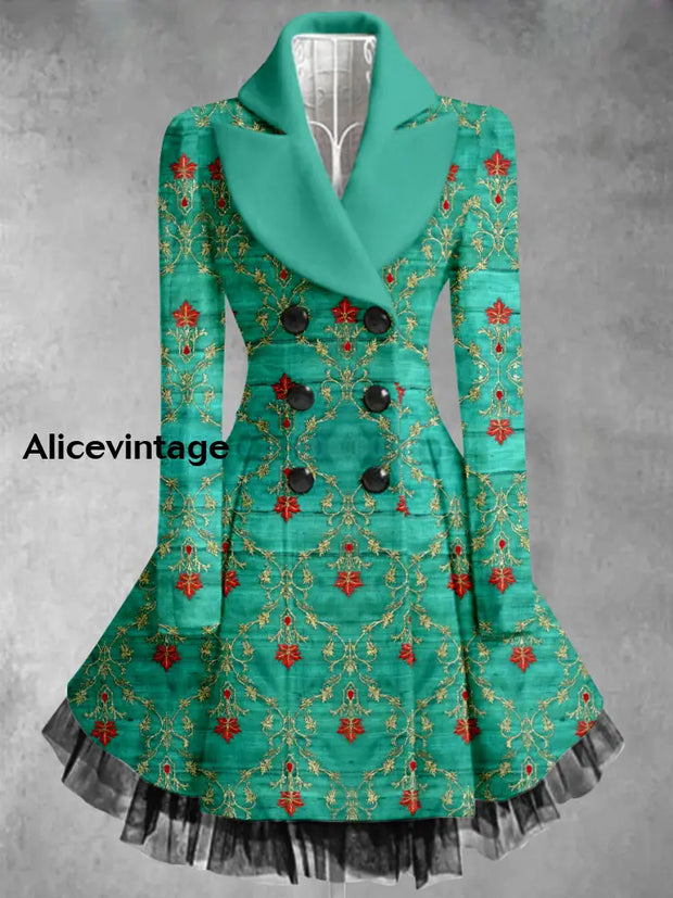 Retro Floral Art Printed Elegant Lapel V-Neck Button Up Thick Long-Sleeved Mesh Gauze Midi Dress