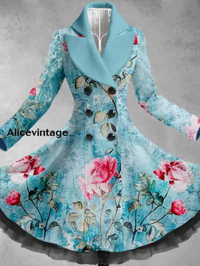 Retro Floral Art Printed Elegant Lapel V-Neck Button Up Thick Long-Sleeved Mesh Gauze Midi Dress