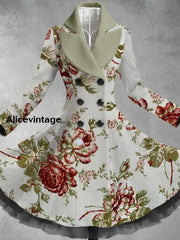 Retro Floral Art Printed Elegant Lapel V-Neck Button Up Thick Long-Sleeved Mesh Gauze Midi Dress