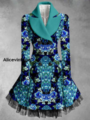 Retro Floral Art Printed Elegant Lapel V-Neck Button Up Thick Long-Sleeved Mesh Gauze Midi Dress