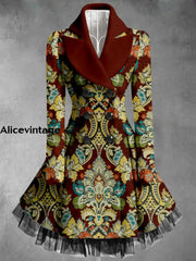 Retro Floral Art Printed Elegant Lapel V-Neck Button Up Thick Long-Sleeved Mesh Gauze Midi Dress