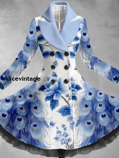 Retro Floral Art Printed Elegant Lapel V-Neck Button Up Thick Long-Sleeved Mesh Gauze Midi Dress