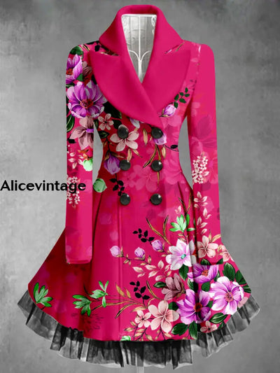 Retro Floral Art Printed Elegant Lapel V-Neck Button Up Thick Long-Sleeved Mesh Gauze Midi Dress