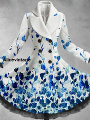 Retro Floral Art Printed Elegant Lapel V-Neck Button Up Thick Long-Sleeved Mesh Gauze Midi Dress