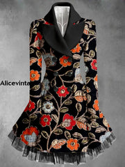 Retro Floral Art Printed Elegant Lapel V-Neck Button Up Thick Long-Sleeved Mesh Gauze Midi Dress