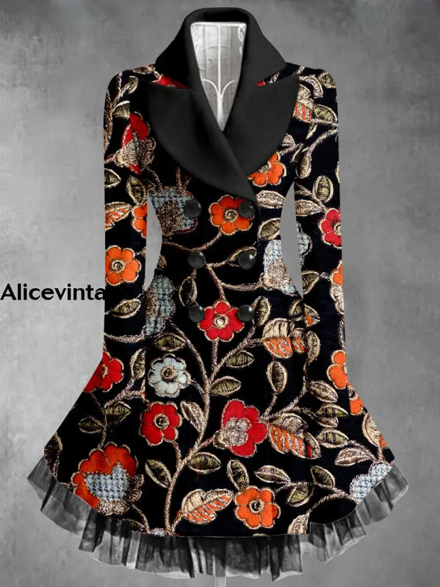 Retro Floral Art Printed Elegant Lapel V-Neck Button Up Thick Long-Sleeved Mesh Gauze Midi Dress