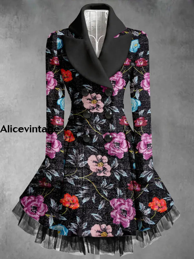 Retro Floral Art Printed Elegant Lapel V-Neck Button Up Thick Long-Sleeved Mesh Gauze Midi Dress