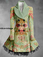 Retro Floral Art Printed Elegant Lapel V-Neck Button Up Thick Long-Sleeved Mesh Gauze Midi Dress