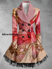 Retro Floral Art Printed Elegant Lapel V-Neck Button Up Thick Long-Sleeved Mesh Gauze Midi Dress