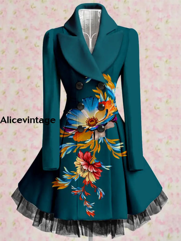 Retro Floral Art Printed Elegant Lapel V-Neck Button Up Thick Long-Sleeved Mesh Gauze Midi Dress