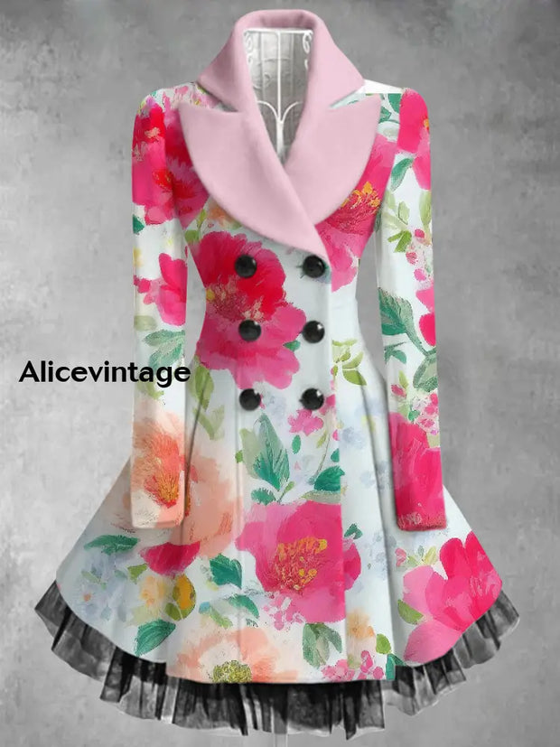 Retro Floral Art Printed Elegant Lapel V-Neck Button Up Thick Long-Sleeved Mesh Gauze Midi Dress