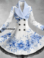 Retro Floral Art Printed Elegant Lapel V-Neck Button Up Thick Long-Sleeved Mesh Gauze Midi Dress