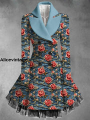 Retro Floral Art Printed Elegant Lapel V-Neck Button Up Thick Long-Sleeved Mesh Gauze Midi Dress