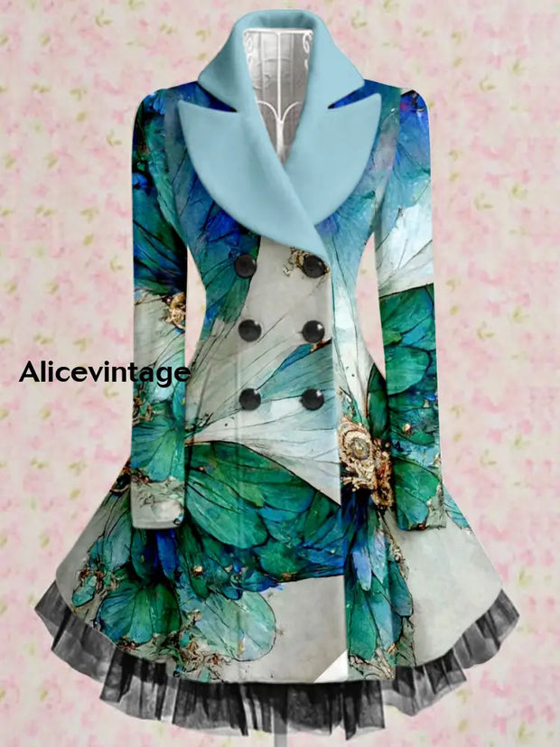 Retro Floral Art Printed Elegant Lapel V-Neck Button Up Thick Long-Sleeved Mesh Gauze Midi Dress