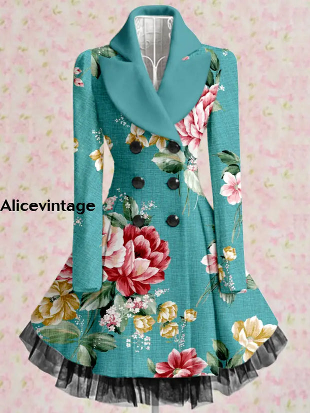 Retro Floral Art Printed Elegant Lapel V-Neck Button Up Thick Long-Sleeved Mesh Gauze Midi Dress