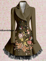 Retro Floral Art Printed Elegant Lapel V-Neck Button Up Thick Long-Sleeved Mesh Gauze Midi Dress