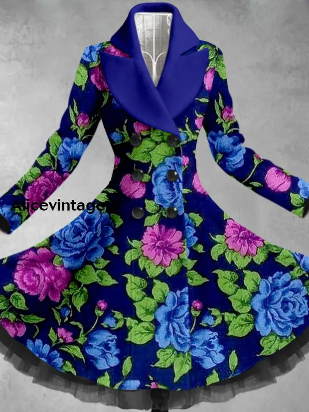 Retro Floral Art Printed Elegant Lapel V-Neck Button Up Thick Long-Sleeved Mesh Gauze Midi Dress