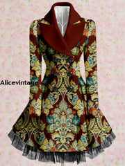 Retro Floral Art Printed Elegant Lapel V-Neck Button Up Thick Long-Sleeved Mesh Gauze Midi Dress