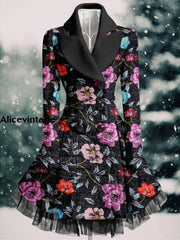 Retro Floral Art Printed Elegant Lapel V-Neck Button Up Thick Long-Sleeved Mesh Gauze Midi Dress A