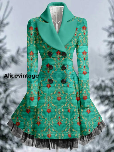 Retro Floral Art Printed Elegant Lapel V-Neck Button Up Thick Long-Sleeved Mesh Gauze Midi Dress A