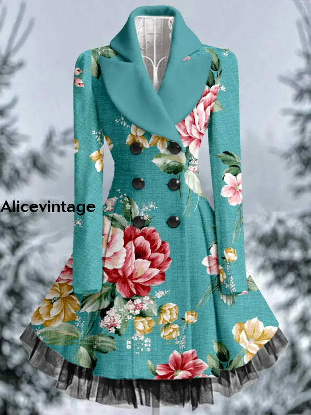 Retro Floral Art Printed Elegant Lapel V-Neck Button Up Thick Long-Sleeved Mesh Gauze Midi Dress A