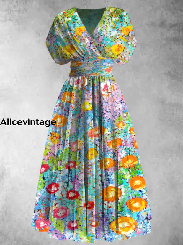 Retro Floral Art Printed Elegant V-Neck Vintage Chic Short Sleeve Maxi Dress A / S