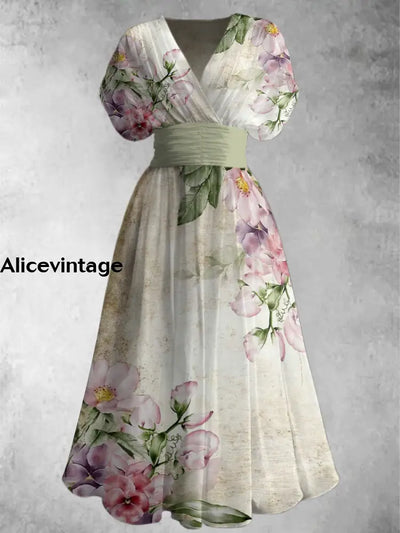 Retro Floral Art Printed Elegant V-Neck Vintage Chic Short Sleeve Maxi Dress A / S