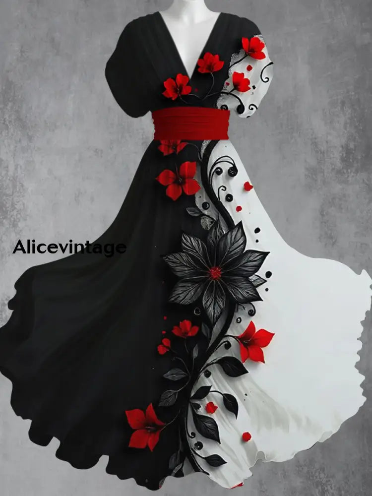 Retro Floral Art Printed Elegant V-Neck Vintage Short Sleeve Maxi Dress A / S