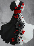 Retro Floral Art Printed Elegant V-Neck Vintage Short Sleeve Maxi Dress A / S