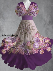 Retro Floral Art Printed Elegant V-Neck Vintage Short Sleeve Maxi Dress A / S