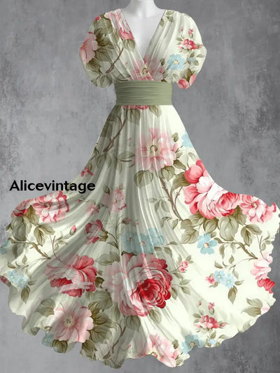 Retro Floral Art Printed Elegant V-Neck Vintage Short Sleeve Maxi Dress A / S