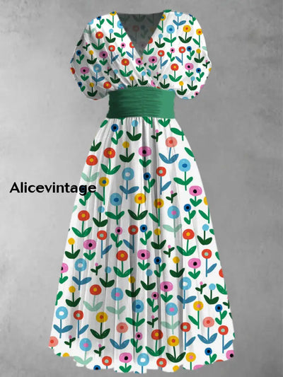 Retro Floral Art Printed Elegant V-Neck Vintage Short Sleeve Maxi Dress A / S
