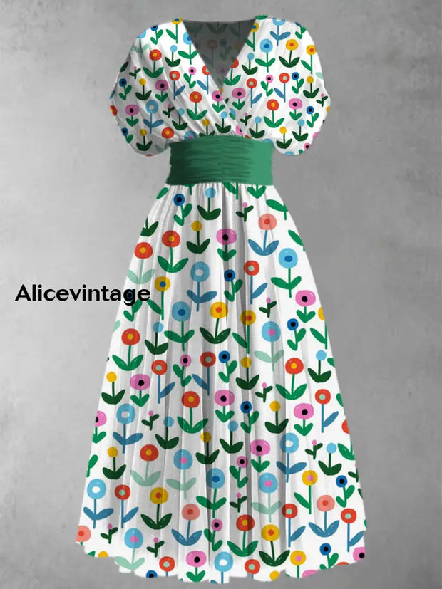 Retro Floral Art Printed Elegant V-Neck Vintage Short Sleeve Maxi Dress A / S